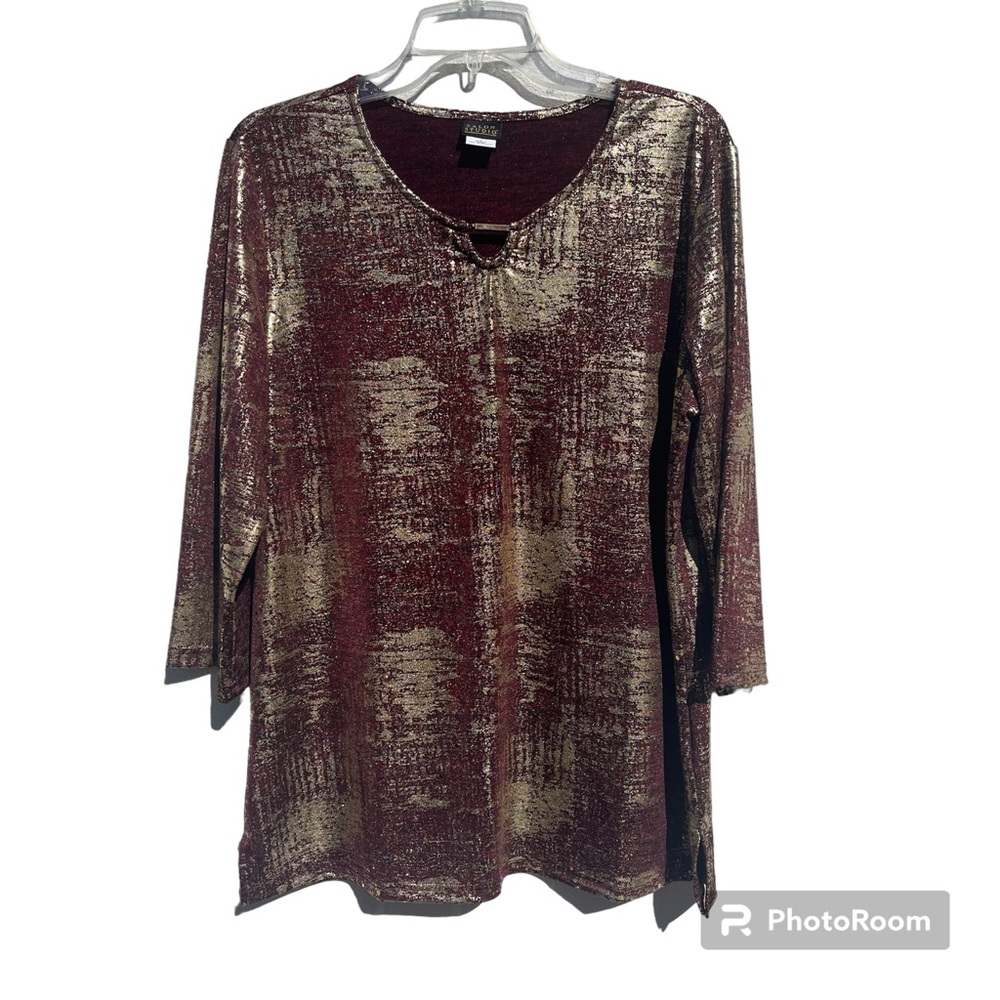 Salon Studio Women’s Large 3/4 Sleeves Metallic Gold Glittery Maroon Blouse Top